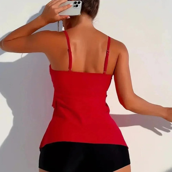 Elegant Ruffle Red & Black Stretchy 2 Piece Set Tankini - Picture 2 of 4